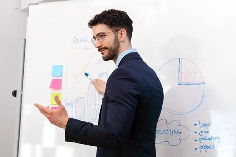Businessman explaining growth chart during annual meeting at whiteboard Stock Photos