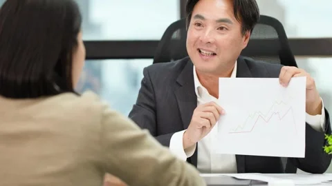 Businessman Explains Financial Graph During Office Meeting Stockbeeldmateriaal 325162564