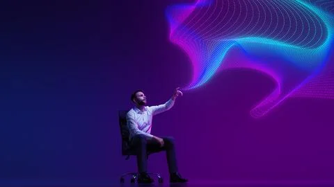 Businessman explores dynamic wave of data in digital neon light against vibrant Stock Photos