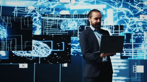 Businessman exploring deep learning and big data connectivity Stock Footage 310972537