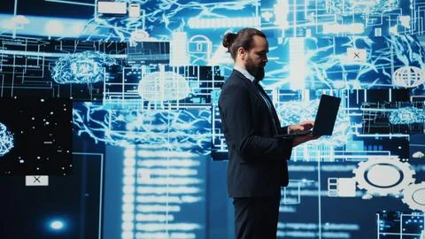 Businessman exploring deep learning and big data connectivity 写真素材