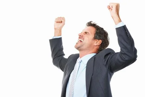 Businessman expressing success. Successful business man with open arms on white Stock Photos