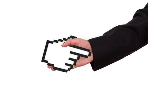 Businessman extends hand with mouse cursor Stock Photos