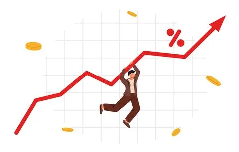 Businessman fall down in graph with inflation high up. Bank rate hike. Econom Stock Illustration