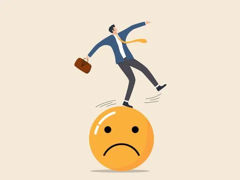 Businessman fall on a sad emoticon. Vector illustration in flat style Stock Illustration