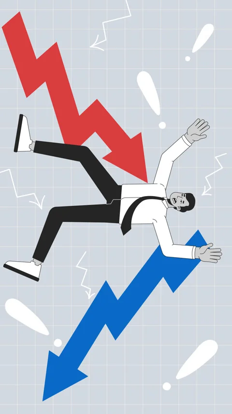 Businessman falling between down market trends mixed media vertical animation Stock-Footage 324809989