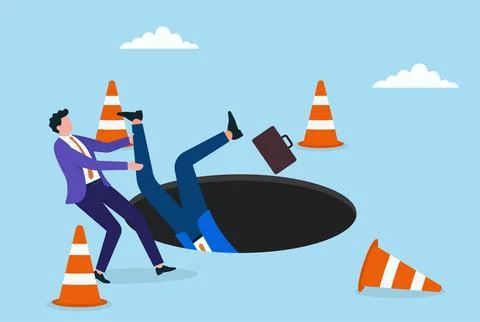A businessman falling into a dark hole while another help him Stock Illustration