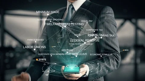 Businessman with Farm Subsidies hologram concept. USA economic issues Stock Footage
