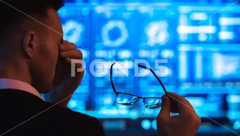 The businessman feeling headache on the screen background Stock Photos