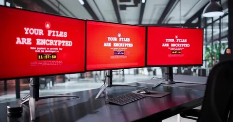 Businessman Fights Cyberattack: Data Encrypted, System Hacked, Computer Virus Foto stock