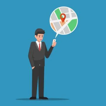 Businessman find location in map application on smartphone. Stock Illustration