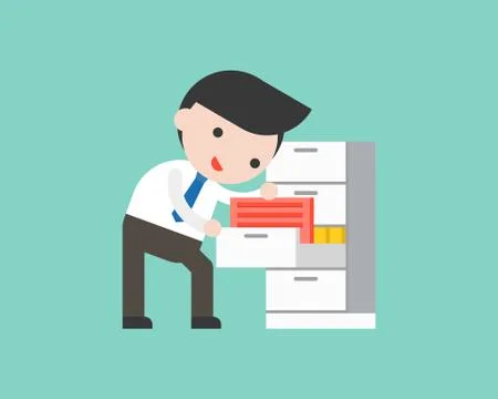 Businessman finding document files in drawer, ready to use character office s Illustrazione stock