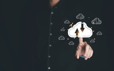 Businessman finger touch cloud computing technology concept. Internet storage Stock Photos