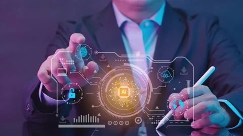 Businessman finger touching virtual screen HUD of Ai conputer interface Stock Footage 233323624