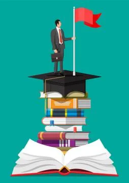 Businessman with flag on stack of books. Stock Illustration