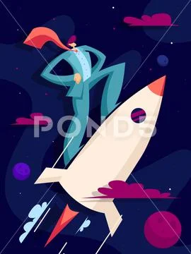 Businessman flies on a rocket up to success Stock Illustration