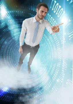 Businessman floating in tunnel of binary technology and touching light Stock Photos