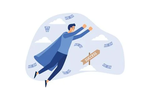 Businessman fly to success on the sky flat vector illustration Illustrazione stock