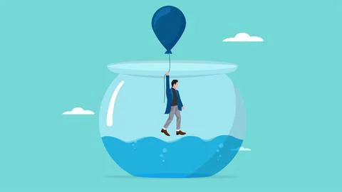 Businessman fly using balloon to gets out of fish aquarium prison illustrat.. 库存插图