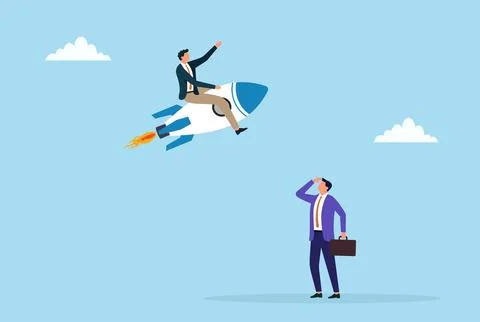 A businessman flying ahead on a rocket while another businessman looking Stock Illustration