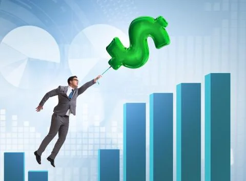 Businessman flying on dollar sign inflatable balloon over financ Stock Photos
