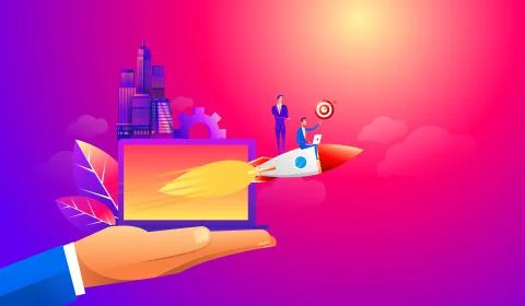 Businessman flying forward with a rocket engine with target idea. Business Stock Illustration