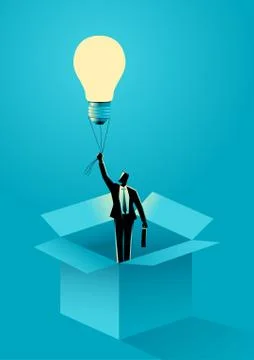 Businessman flying out of the box using light bulb air balloon Stock Illustration