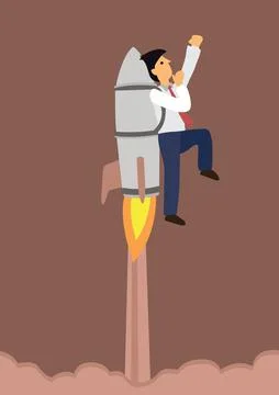 Businessman flying up powered by a rocket engine into the sky. Stock Illustration