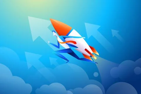 Businessman flying on rocket, graph that shows increase in sales, vector 스톡 일러스트