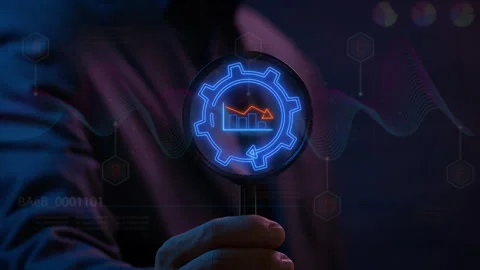 Businessman focus on animation of virtual graph with down arrow inside cogwheel. Stock-Footage 313372606