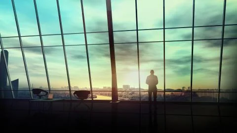 Businessman in front of a panoramic window overlooking the cityscape. Stock Illustration