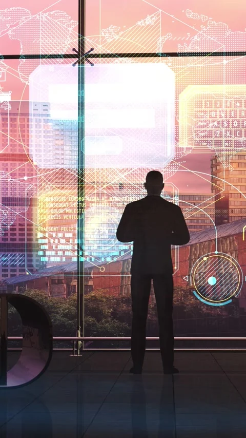 Businessman of the future in front of a virtual panel, 3D render. Stock Footage 290287195