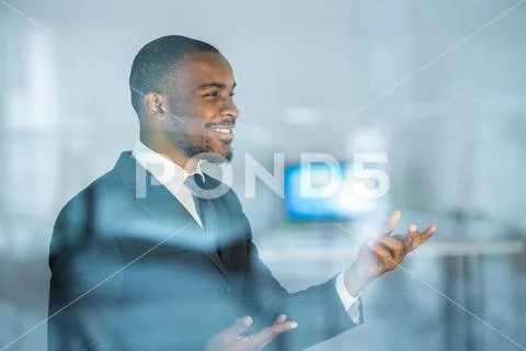 The businessman gesture over the window Stock Photos
