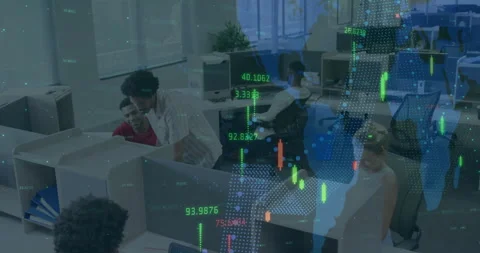 Businessman gesturing at chart and generating line graph, 3D candlesticks, map Stock-Footage 312019105