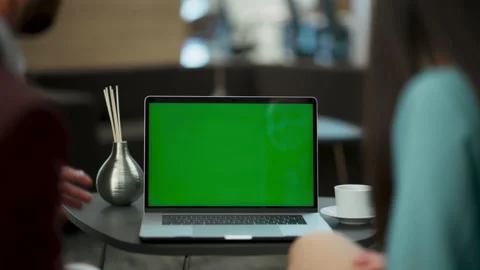 Businessman gesturing green screen computer at office. Partners working laptop Vidéo 225678385