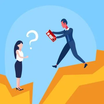 Businessman giving document folder question mark woman over cliff gap abyss イラスト素材