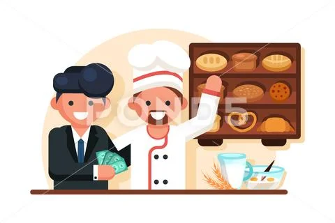 Businessman giving money man chef in bakery shop. Stock Illustration