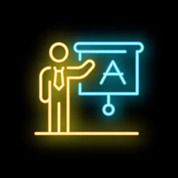 Businessman giving presentation pointing at projected letter a neon sign Stock Illustration