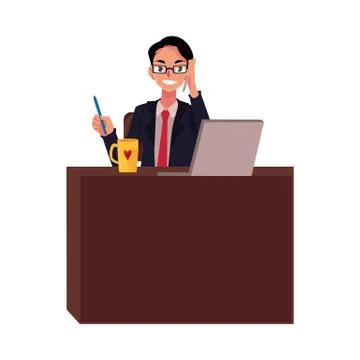 Businessman in glasses working at office desk, talking by phone Stock Illustration