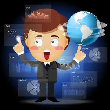 Businessman with globe working with data processing Illustrazione stock
