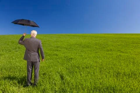 Businessman in a green field with an umbrella Stock Photos