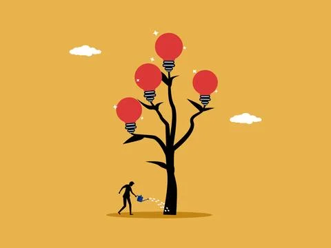 Businessman grows trees that bear fruit in the form of light bulbs, creatin.. Stock Illustration
