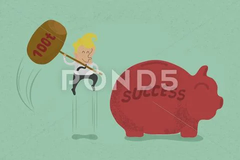 Businessman with hammer about to smash piggy bank to success Stock Illustration