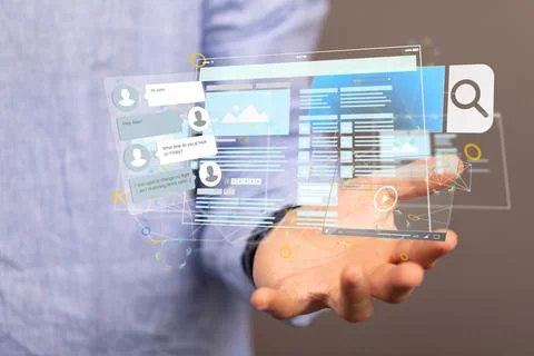 Businessman hand on blurred background using 3D rendering media develop interfac Foto stock