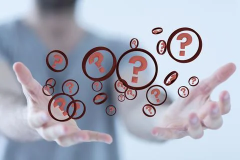 Businessman hand on blurred background using 3D rendering question mark icons Foto stock
