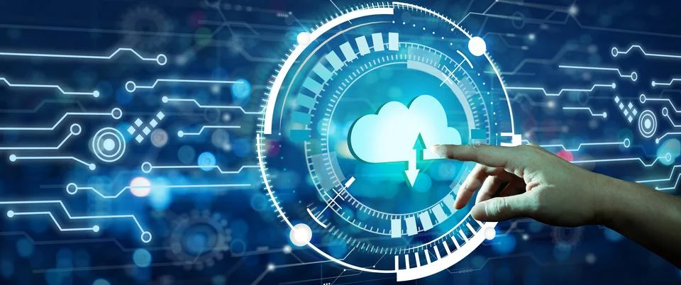 Businessman hand click on Cloud computing technology internet storage network Stock Photos