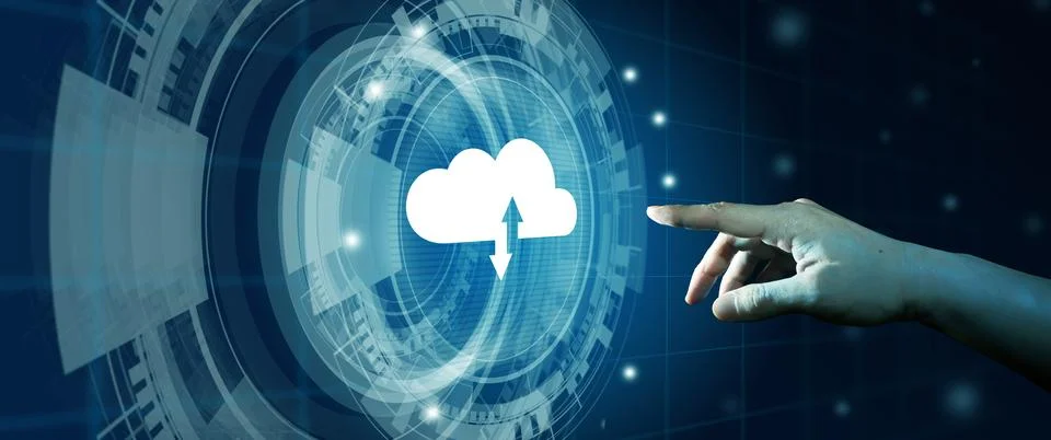 Businessman hand click on Cloud computing technology internet storage network Fotos Stock