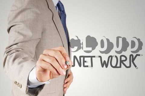 Businessman hand drawing  cloud network desogn word and diagram on the new co Stock-Illustration