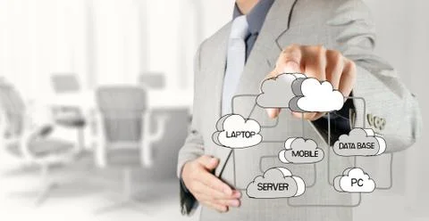 Businessman hand drawing  cloud network diagram on the new computer interface Stock Illustration