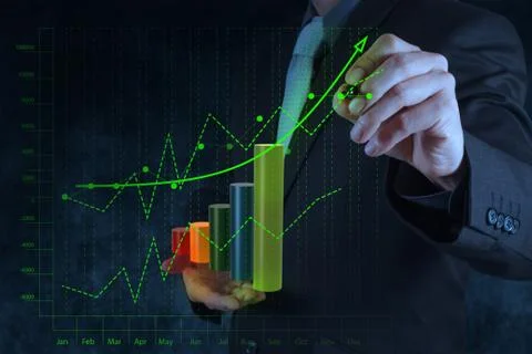 Businessman hand drawing virtual chart business on touch screen computer Иллюстрация